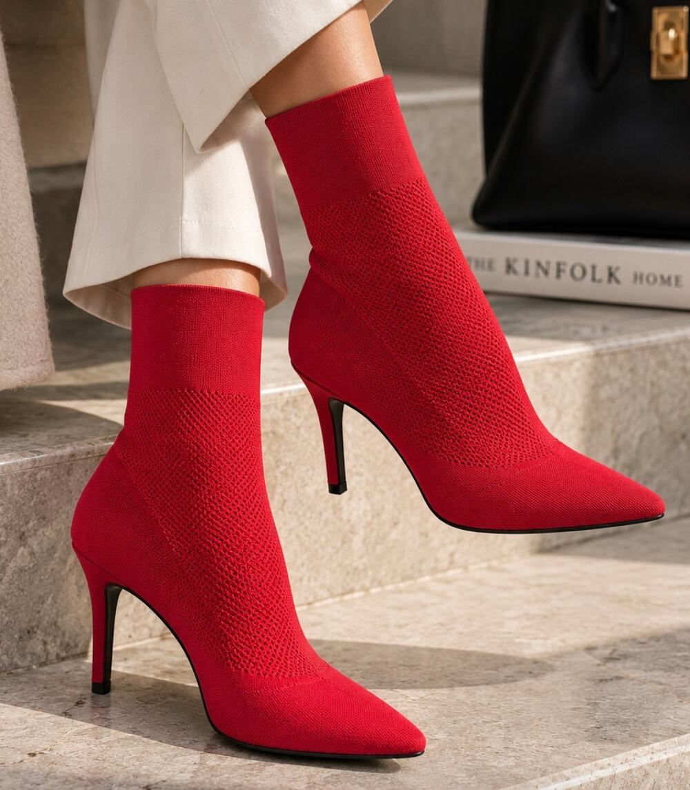 Brash Red Sock Boots Pointed Toe Stiletto Heels maximalist statement glam 8